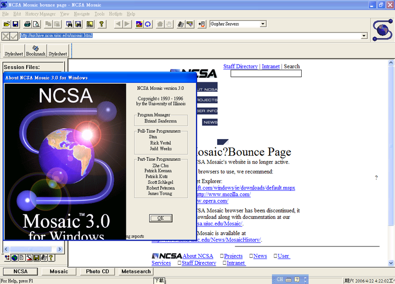 圖、Mosaic v3.0在Windows XP版的截圖，現今的網頁瀏覽器型式大多來自它來源：http://zh.wikipedia.org/wiki/Mosaic#mediaviewer/File:Mosaic-v3-screenshot.PNG